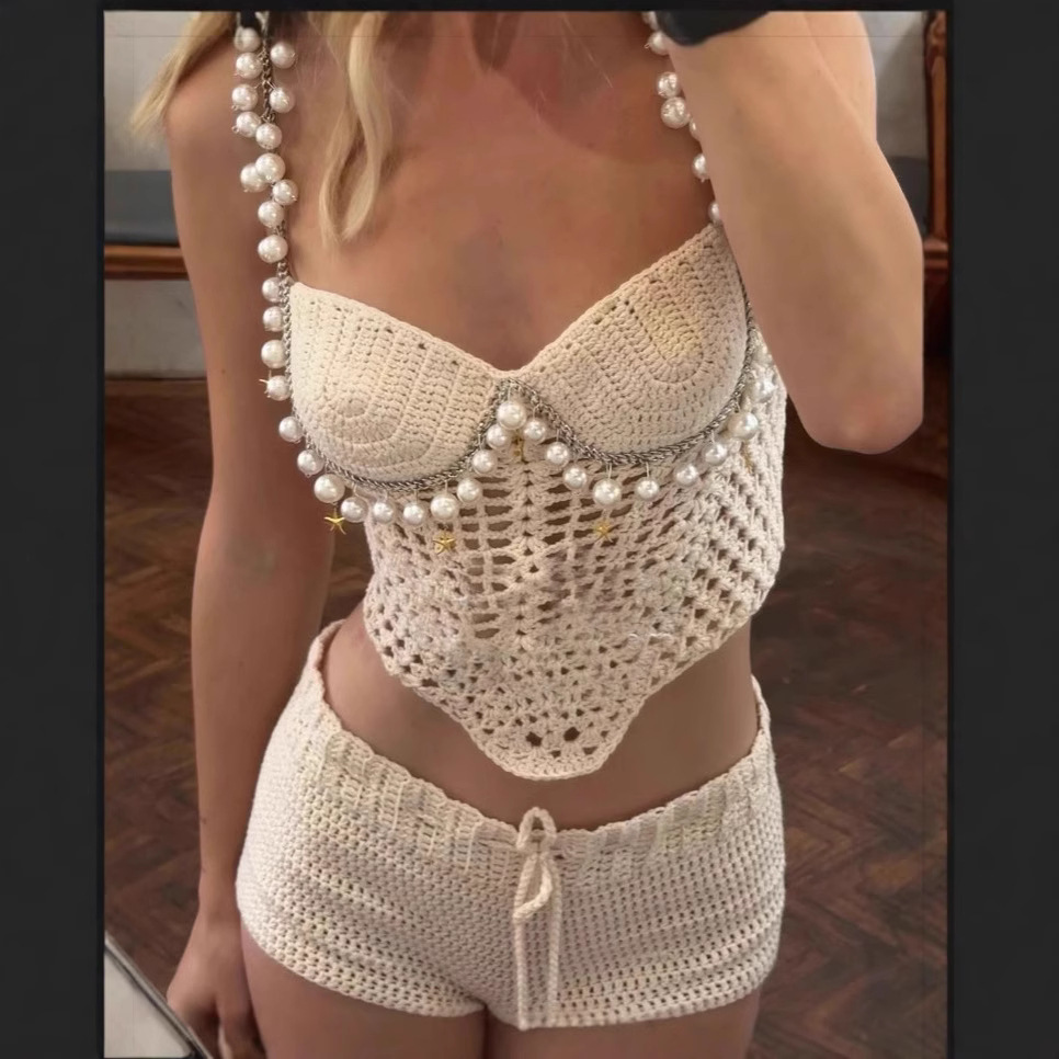 Crop Top Crochet - Seksi Boncuk Tığ Kırpma Yelek şort