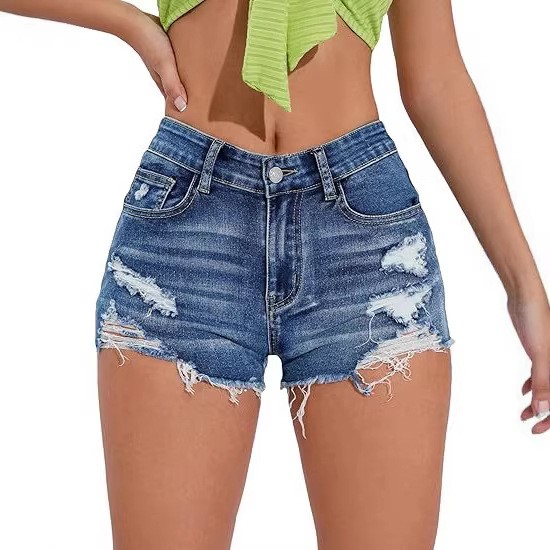 Shorts Denim Frayed - Kadınlar için Yüksek Bel, Yıpranmış Kenarlı,