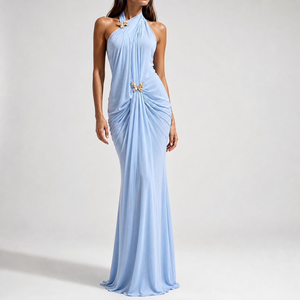 Maxi Dress Halter - Kadın Zarif Omuzları Açık Halter Yaka