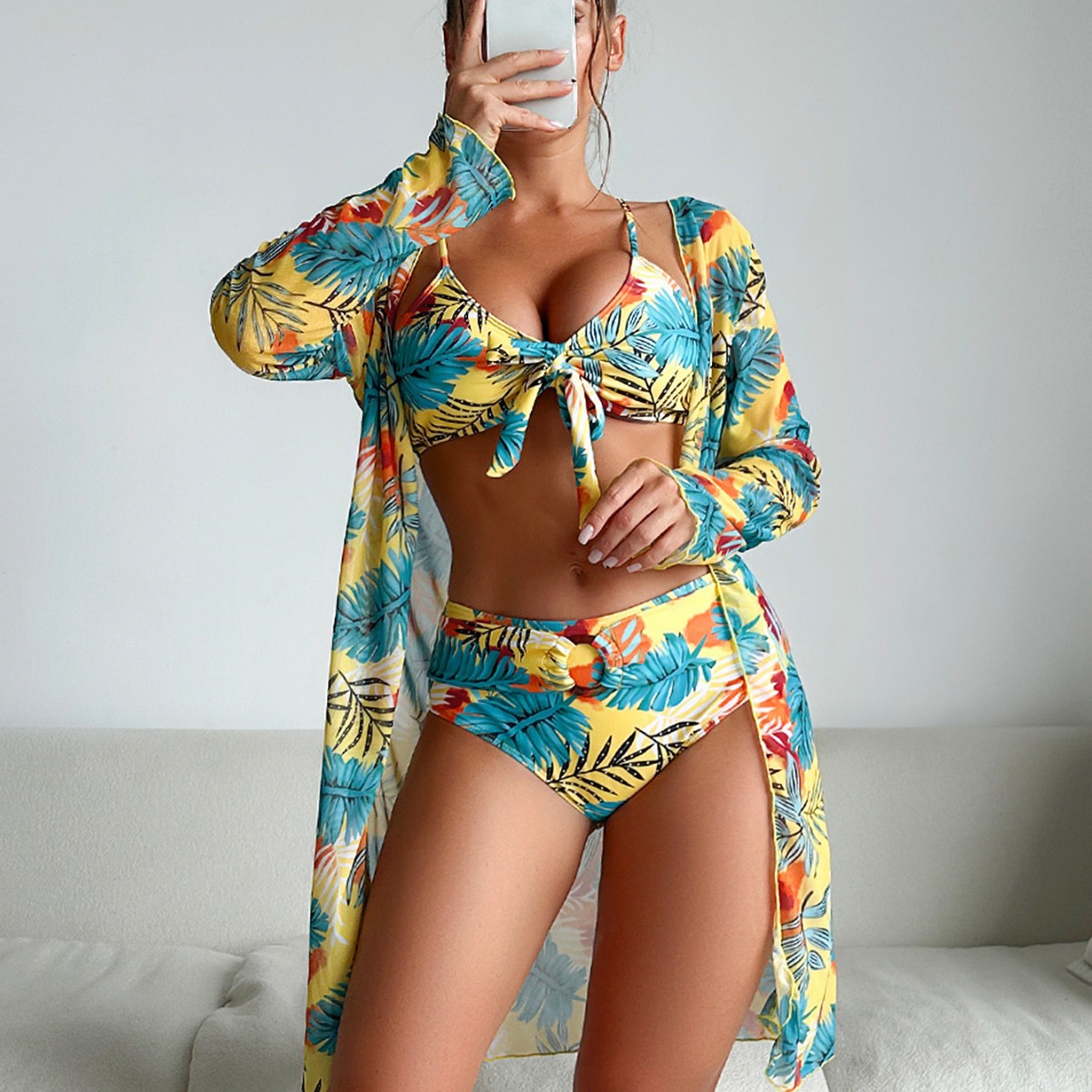 Kimono Sheer Floral - Kadın 3 Parçalı Çiçek Desenli Mayo